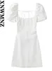 Casual Dresses Xnwmnz Women White Fashion Linen Blend Dress Female Square Neck Korta puffhylsor Backless Crossover Straps For Women S 230302