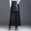 Skirts Winter Autumn Fashion Women High Waisted Lace Patchwork Black Pu Leather Long Skirt Casual Korean 4xl