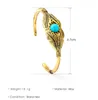 Pulseira vintage turquesa folha de penas de pulseira aberta de algema de abre de cobre magnética para mulheres