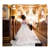 Auto Dvr Flower Girls 'jurken Luxe Girl Dress Long Train With Bow Bead 3d Flowers Appqies Ball Jurk Princess Holy Fisrst Communion Wear Dh9ie