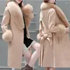 Delle donne di Lana Delle Donne Coreano Inverno Lungo Soprabito Capispalla Cappotto Cardigan Allentato Grande Collo di Pelliccia Manica Cintura Manteau Femme Hiver Elegante