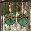 Dange oorbellen Creative Retro Round Bronze Color Dragonfly Green For Ladies Niche Drop Earring Business Party Anniversary Juwelencadeau