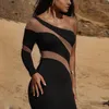 Mesh See Through Patchwork Midi Dress For Women Robe Autumn New One Sleeve Backless Bodycon Long Dress Vestido