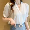 Blouses pour femmes été coréen col en v à manches courtes pull en mousseline de soie Blouse chemises Blusas Femme blanc solide élégant goutte dames hauts 2594