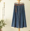 Skirts Summer Women Cotton Denim Skirt Lace Patchwork Single Breasted Pleated Jean Long