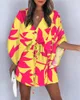 Mode manches chauve-souris imprimé à lacets Mini robe pour femmes Sexy col en v décontracté ample Boho vacances robes courtes femme été