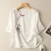 Women's Blouses Summer White Tops Floral Embroidery Blouse Lady Vintage Short-sleeve Cotton Linen Shirt Office Irregular Buttons