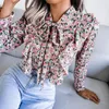 Camicette da donna Top in chiffon con stampa floreale a maniche lunghe con lacci autunnali da donna per la moda femminile