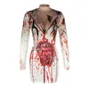 Casual Dresses Women Halloween Long Sleeve Dress With Bloody Print Deep V Neck Organ Pattern Holiday Clothing