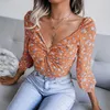 Damesblouses vrouwen vallen winter sexy v nek geknoopte bloemen chiffon top dames lange mouw allemaal match mode