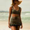 Kadın Mayo Çizgili Baskı İki Parçalı Moda Mayo Yüksek Bel Kesik Arka Seksi Bikini Fırfır Kısa Etek Plaj Giyim Kadın Sling Mayo T230303