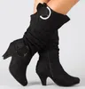 Boots Winter Knee High Autumn Faux Suede Wide Pleated Slouchy Buckle 5cm Spike Heels Zip Size 35 43 Grey 230303