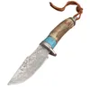 1st G7201 Survival Straight Hunting Knife Damascus Stål Drop Point Blade Horn Handtag utomhus Fixade blad Knivar med lädermantel