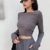 Women's T Shirts Women Crew Neck Crop Top In Rib With Thumb Hole