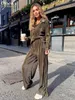 Dames Tweede stuk broek Clacive Casual Loose Shirts Set Woman 2 stuks Elegant Bruine High Taille Pant Suits Fashion Geplooed Home Wide Trouser 230302