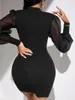 Casual Dresses LFRVZ 2023 Spring Classic Black Young Office Lady Simple Round Neck Full Sleeve Women High midja kort mager klänning