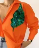 Chemisiers pour femmes Contraste Sequin Feuille Motif Chemise Boutonnée Orange Conception Unique 2023 Automne Europe Et Amérique Mode Femmes