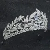 Haarclips Cubic Zirconia Wedding Bridal Bladeren Big Tiara Crown Women Girl Prom sieraden Accessoires Echt platina vergulde CH10268