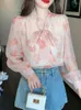 Women's Blouses Qoerlin Floral Chiffon Shirt Women Elegant Long Sleeve Blouse 2023 Spring Koreaans Mode Temperament Bowtie Pink Tops Shirts