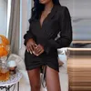 Casual Dresses Fuda Draw String Turn-Down Collar Long Sleeve Ruched Mini Blazer Dress Elegant Spring Night Out Female Robes Party Club Wear