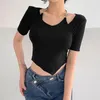 T-shirt da donna con scollo all'americana Canotte nere da donna Casual Tinta unita Skinny Crop T-shirt sexy a maniche corte Donna Harajuku Tube 2023