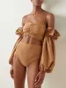 Women's Swimwear Solid color puff sleeve swimsuit long-sleeved bikini two-piece set women's high waist swimsuit summer beachwear surfing suit T230303