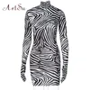 Abiti casual Artsu Zebra Print Mini abito da donna manica lunga con guanti Dolcevita aderente Sexy Autunno Inverno Slim Club 4 230302