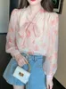 Women's Blouses Qoerlin Floral Chiffon Shirt Women Elegant Long Sleeve Blouse 2023 Spring Koreaans Mode Temperament Bowtie Pink Tops Shirts