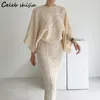 Women s Two Piece Pants Chic Vintage Knitted 2 Set Loose Autumn Batwing Sleeve Sweater High Waisted Skirts Ladies Korean Luxury 230302