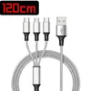 1.2 M 3 in 1 Nylon Braided Charging Cables For HuaWei LG Samsung Note20 S20 Micro USB Type C With Metal Head Plug opp bag