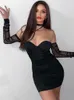 Casual Dresses Mesh Strapless Pleated Mini Dress Women Full Sleeve Off Shoulder Drawstring Night Club Party Sexig Elegant Female Vestido