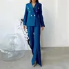 Women's Two Piece Pants 2 Pcs/Set Lady Business Suit Solid Color Formal Double-breasted Two-Piece Set Long Sleeves High Split Women Coat