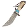 1pcs G7203 Damscus Фиксированное лезвие охотничье нож для оленя ручка рога на открытом воздухе по пешеходной рыбацкой охоте на выживание прямой ножи с кожаной оболочкой