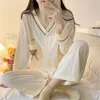 Vêtements de sommeil pour femmes Coréen Pyjama Femmes Printemps Printemps Autumn Long Man Man Garnière Print Nightwear Loose Pyjama Élégant Femme Loissance 2-Moin 230303