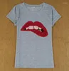 Women's T Shirts Women Sequins Lips Round Neck Short-sleeved T-shirt Camisetas Mujer