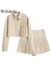 Women s Two Piece Pants Willshela Women Fashion 2 Set Khaki Striped Single Breasted Blouse Vintage High Waist Shorts Female Chic Lady 230302