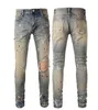 Projektant dżinsy europejskie fioletowe dżinsowe męskie pikowanie haftowane dla marki trendów vintage spodni męskie fold szczupłe dżinsy mody sstraight spodnie