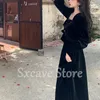 Casual Dresses Black Velvet Dress Party Evening Women Elegant Vintage Midi Female Pure Color Design One Piece Korean 2023 Spring