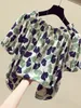 البلوزات النسائية على الطراز الكوري للنساء ربيع الصيف القمصان الشيفون سيدة مائلة رقبة قصيرة فانوس فانوس الطباعة قمم blusas قمم DF2843