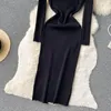 Casual Kleider Frühling Herbst Koreanischen Stil Stricken Midi Kleid V-ausschnitt Langarm Solide Damen Stricken Elegante Büro Schwarz