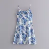 Casual jurken 2023 Drawstring tie cami mini zomerjurk vintage blauwe en witte porselein bloemenprint chiffon voor vrouwen