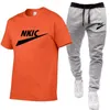 New Summer Clothes Fashion Man Tracksuits Brand LOGO Print Solid Color Sleeve T Shirt Trousers Suit Long Pants Street Clothes Men Clothing Set Plus Size XS-2XL