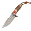 1st G7201 Survival Straight Hunting Knife Damascus Stål Drop Point Blade Horn Handtag utomhus Fixade blad Knivar med lädermantel