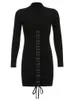 Vestidos Casuais Tie Up Bandage Preto Bodycon Dress Outono Básico Manga Longa Malha Mini Feminino Magro Moda Inverno