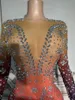 Stage Wear Sparkly Colorful Rhinestones Crystals Long Dress Women Sexy Mesh Transparent Birthday Celebrate Evening Prom Gown