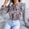 Damesblouses dames herfst veter omhoog gegolfd met lange mouwen bloemen bedrukte chiffon tops voor damesmode allemaal match