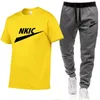 New Summer Clothes Fashion Man Tracksuits Brand LOGO Print Solid Color Sleeve T Shirt Trousers Suit Long Pants Street Clothes Men Clothing Set Plus Size XS-2XL