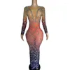 Stage Wear Sparkly Colorful Rhinestones Crystals Long Dress Women Sexy Mesh Transparent Birthday Celebrate Evening Prom Gown