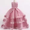 Girl's jurken Summer Girls Pageant Pink Flower Princess Party Durk Elegant Kinder kinderen Bruidsmeisje Kleding Evening Wedding Promvestidos W0224