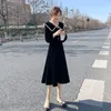 Casual Dresses 2023 Elegant Golden Velvet Doll Neck Black Dress Women Clothing Spring Autumn Stor storlek Midja Stängande A-Line BD768